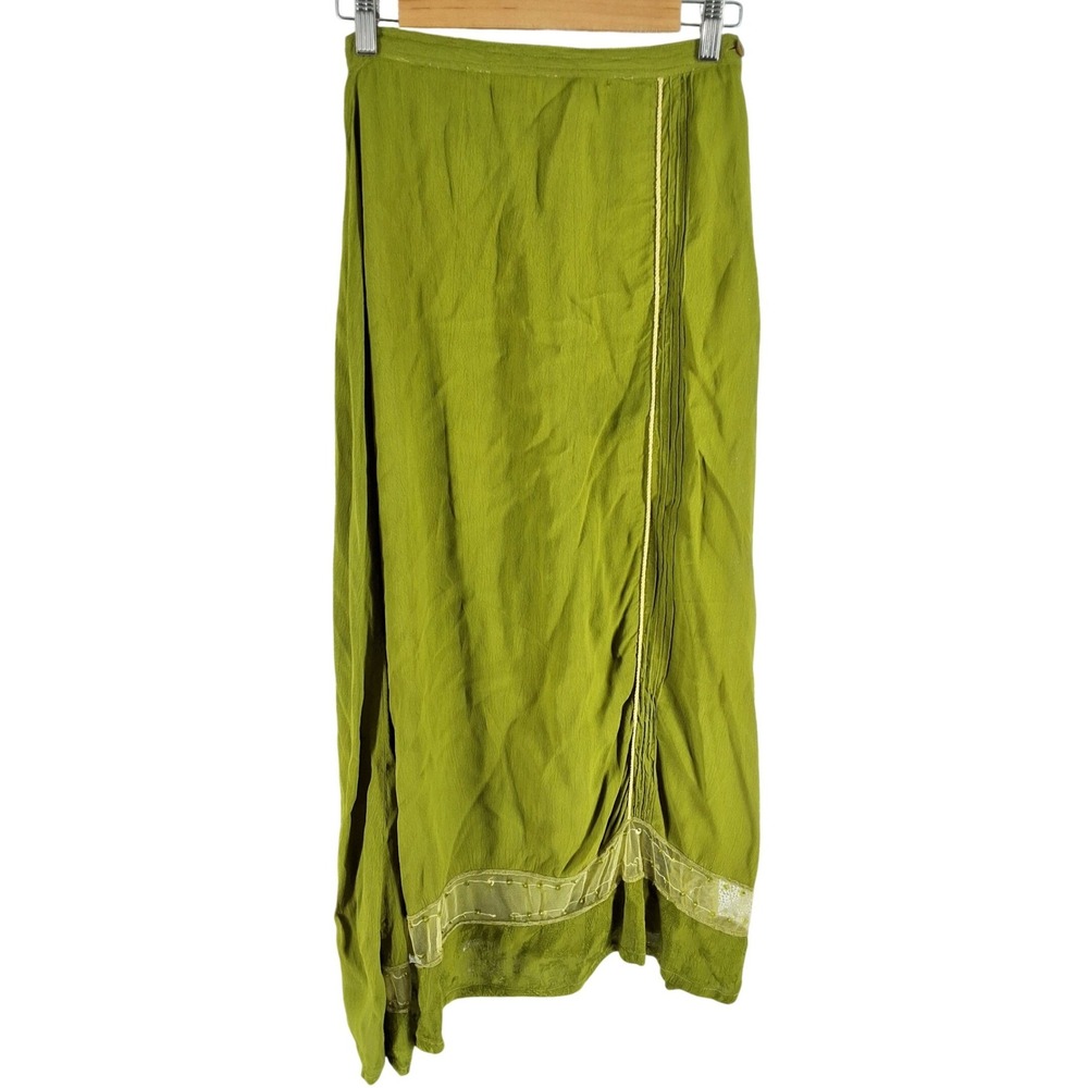 Nataya Green Rayon Maxi Skirt Beaded Mesh Trim Bohemian Vintage Style Size M
